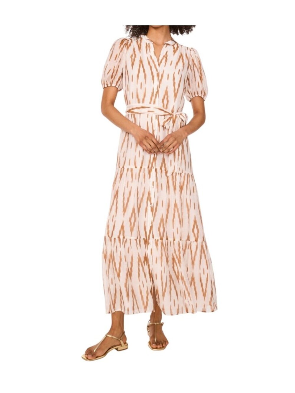 NWT Vince Camuto Ikat Belted Maxi Dress Argan Oil Medium MSRP $119